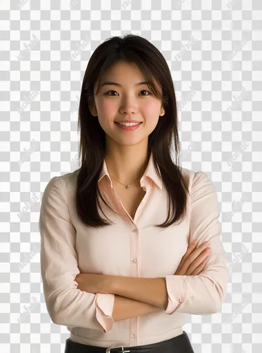A Asian office girl,(cross-handed) smiling,white background,