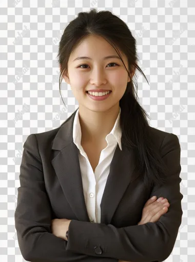 A Asian office girl,(cross-handed) smiling,white background,