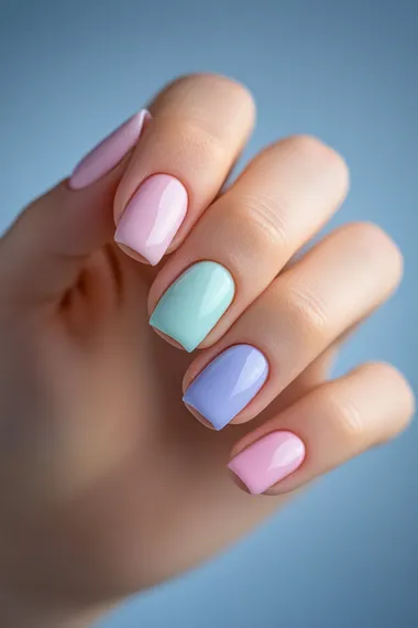 A close-up of a girl's hand with a fresh manicure in soft pastel colors. Focus on five perfectly styled nails on a light, textured background. Highlight delicate designs and natural imperfections.