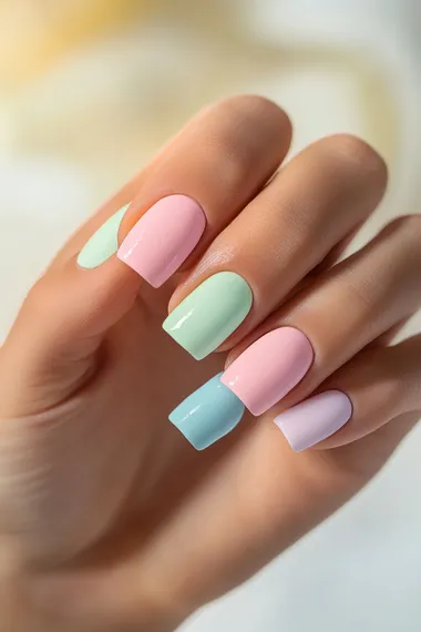 A close-up of a girl's hand with a fresh manicure in soft pastel colors. Focus on five perfectly styled nails on a light, textured background. Highlight delicate designs and natural imperfections.