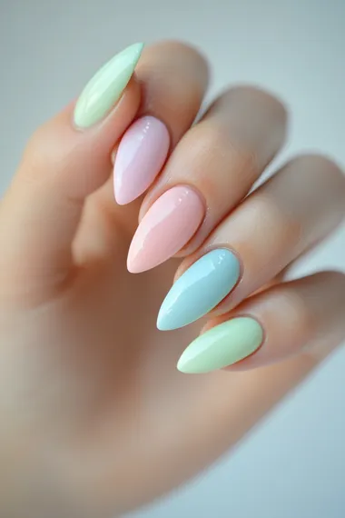A close-up of a girl's hand with a fresh manicure in soft pastel colors. Focus on five perfectly styled nails on a light, textured background. Highlight delicate designs and natural imperfections.