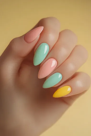 A close-up of a girl's hand with a fresh manicure in soft pastel colors. Focus on five perfectly styled nails on a light, textured background. Highlight delicate designs and natural imperfections.