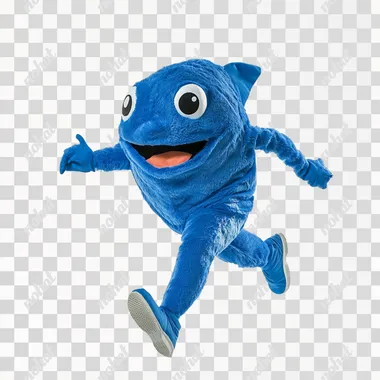 a person wearing a full blue fish mascot costume running and extending his hand, on white background