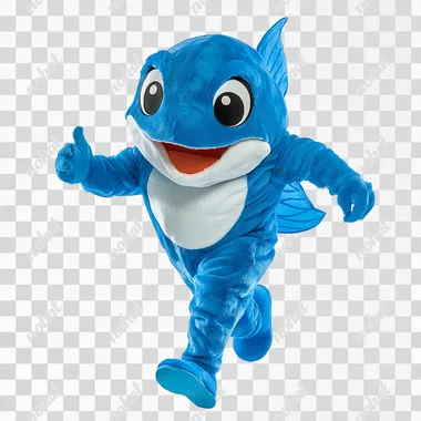 a person wearing a full blue fish mascot costume running and extending his hand, on white background