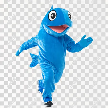 a person wearing a full blue fish mascot costume running and extending his hand, on white background