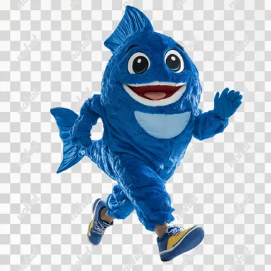 a person wearing a full blue fish mascot costume running and extending his hand, on white background