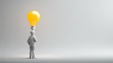 Single thoughtful person with lightbulb icon above head, simple white background, creative concept, soft ambient glow, f/3.5    --raw