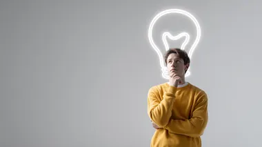 Single thoughtful person with lightbulb icon above head, simple white background, creative concept, soft ambient glow, f/3.5    --raw
