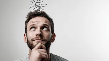 Single thoughtful person with lightbulb icon above head, simple white background, creative concept, soft ambient glow, f/3.5    --raw