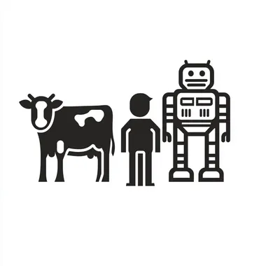 a person standing next to a cow and a robot. simple icon black and white