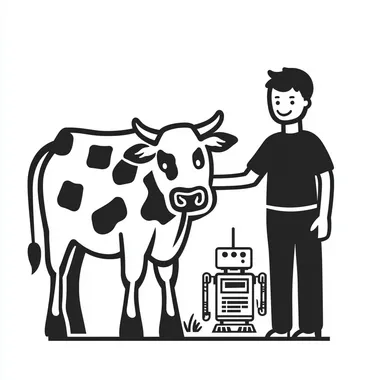 a person standing next to a cow and a robot. simple icon black and white