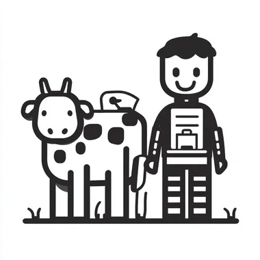 a person standing next to a cow and a robot. simple icon black and white