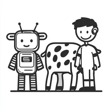a person standing next to a cow and a robot. simple icon black and white