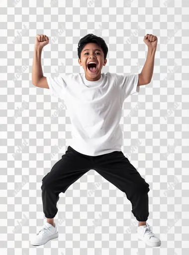 funny-looking excited Filipino Gen Z, he's doing a hooray pose, he's standing with his knees bent and his arms up, white background