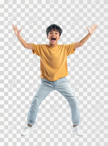 funny-looking excited Filipino Gen Z, he's doing a hooray pose, he's standing with his knees bent and his arms up, white background