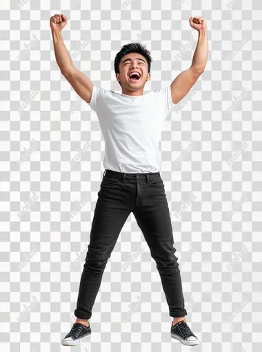 funny-looking excited Filipino Gen Z, he's doing a hooray pose, he's standing with his knees bent and his arms up, white background