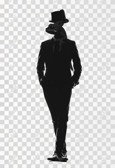 standing chameleon in corporate suit, high casque protrusion, silhouette, black, frontal angle, full body shot