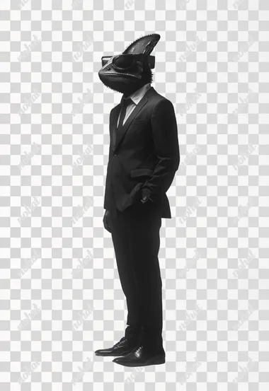 standing chameleon in corporate suit, high casque protrusion, silhouette, black, frontal angle, full body shot