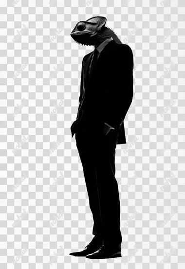 standing chameleon in corporate suit, high casque protrusion, silhouette, black, frontal angle, full body shot