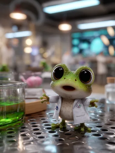 a cute 3D frog in scientist lab coat and in kawaii cute style of 3d render, pixar style  rofile 42237pl