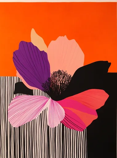 A large black and white striped background with an orange, pink, or red sunset sky. A giant floating wildflower in the foreground. The flower is shaped like petals that have been cut into long strips of various shades from light to dark pink and purple, with some of its edges slightly frayed. Use flat colors with bold lines. In the style of Marimekko art in the style of Matisse. Minimalist. Black ink on paper. Bold shapes.