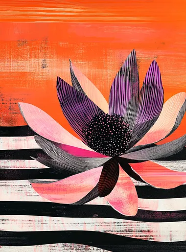 A large black and white striped background with an orange, pink, or red sunset sky. A giant floating wildflower in the foreground. The flower is shaped like petals that have been cut into long strips of various shades from light to dark pink and purple, with some of its edges slightly frayed. Use flat colors with bold lines. In the style of Marimekko art in the style of Matisse. Minimalist. Black ink on paper. Bold shapes.