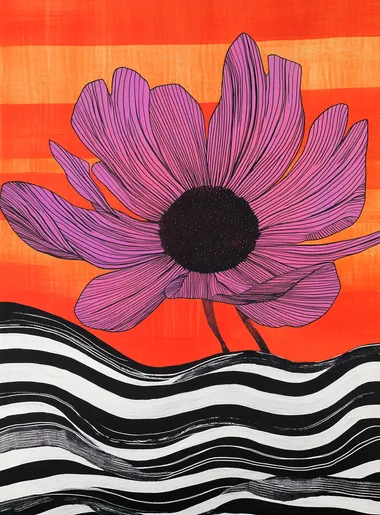 A large black and white striped background with an orange, pink, or red sunset sky. A giant floating wildflower in the foreground. The flower is shaped like petals that have been cut into long strips of various shades from light to dark pink and purple, with some of its edges slightly frayed. Use flat colors with bold lines. In the style of Marimekko art in the style of Matisse. Minimalist. Black ink on paper. Bold shapes.