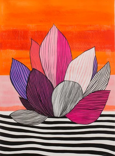 A large black and white striped background with an orange, pink, or red sunset sky. A giant floating wildflower in the foreground. The flower is shaped like petals that have been cut into long strips of various shades from light to dark pink and purple, with some of its edges slightly frayed. Use flat colors with bold lines. In the style of Marimekko art in the style of Matisse. Minimalist. Black ink on paper. Bold shapes.