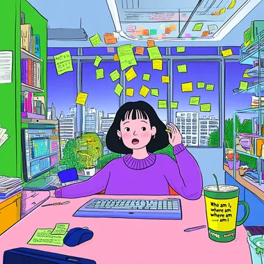 The protagonist is very busy, the protagonist's hair explodes like an antenna, in the office, the protagonist is facing the computer, the computer screen is covered by 20+ Windows (designed to be Tetris on the verge of collapse), the post-it tornado rolls the coffee cup rotating, the document message is flying everywhere, the protagonist frantically typing, the mouse and keyboard are on fire, the text narrator: "Who am I, where am I", the expression is exaggerated   --cw 100   --sw 1000