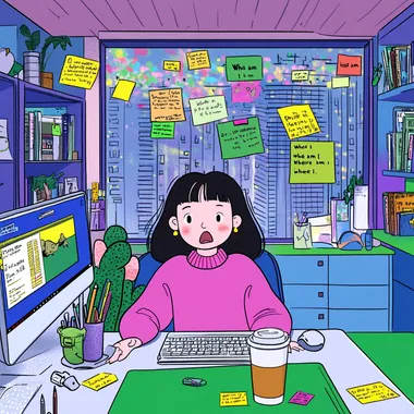 The protagonist is very busy, the protagonist's hair explodes like an antenna, in the office, the protagonist is facing the computer, the computer screen is covered by 20+ Windows (designed to be Tetris on the verge of collapse), the post-it tornado rolls the coffee cup rotating, the document message is flying everywhere, the protagonist frantically typing, the mouse and keyboard are on fire, the text narrator: "Who am I, where am I", the expression is exaggerated   --cw 100   --sw 1000
