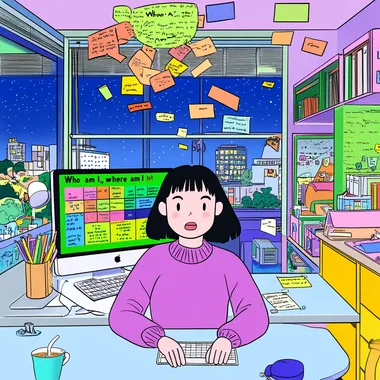 The protagonist is very busy, the protagonist's hair explodes like an antenna, in the office, the protagonist is facing the computer, the computer screen is covered by 20+ Windows (designed to be Tetris on the verge of collapse), the post-it tornado rolls the coffee cup rotating, the document message is flying everywhere, the protagonist frantically typing, the mouse and keyboard are on fire, the text narrator: "Who am I, where am I", the expression is exaggerated   --cw 100   --sw 1000