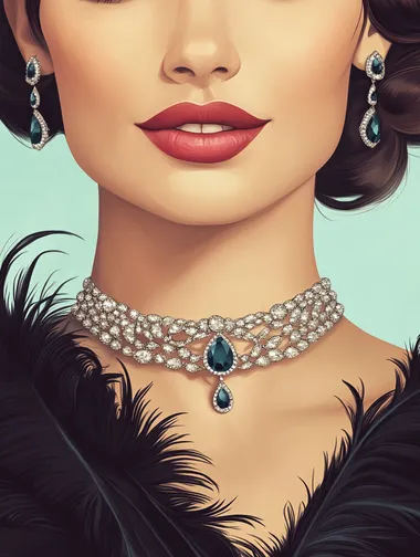 A glamorous illustration of an elegant woman wearing a diamond choker necklace and a black feathered dress, in the style of Glen Luchford, with a 1950s style, jewelry featuring sapphire stones, soft pastel colors, and a retro glamour aesthetic.