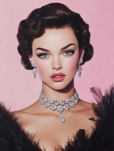A glamorous illustration of an elegant woman wearing a diamond choker necklace and a black feathered dress, in the style of Glen Luchford, with a 1950s style, jewelry featuring sapphire stones, soft pastel colors, and a retro glamour aesthetic.