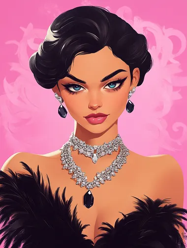 A glamorous illustration of an elegant woman wearing a diamond choker necklace and a black feathered dress, in the style of Glen Luchford, with a 1950s style, jewelry featuring sapphire stones, soft pastel colors, and a retro glamour aesthetic.