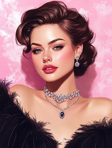 A glamorous illustration of an elegant woman wearing a diamond choker necklace and a black feathered dress, in the style of Glen Luchford, with a 1950s style, jewelry featuring sapphire stones, soft pastel colors, and a retro glamour aesthetic.