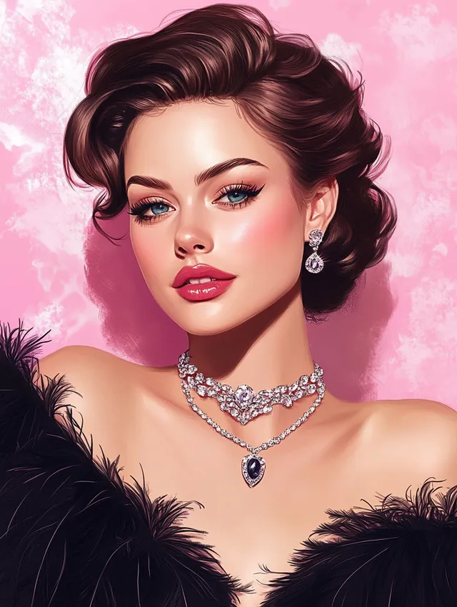 Elegant woman in 1950s black feathered dress with diamond jewelry