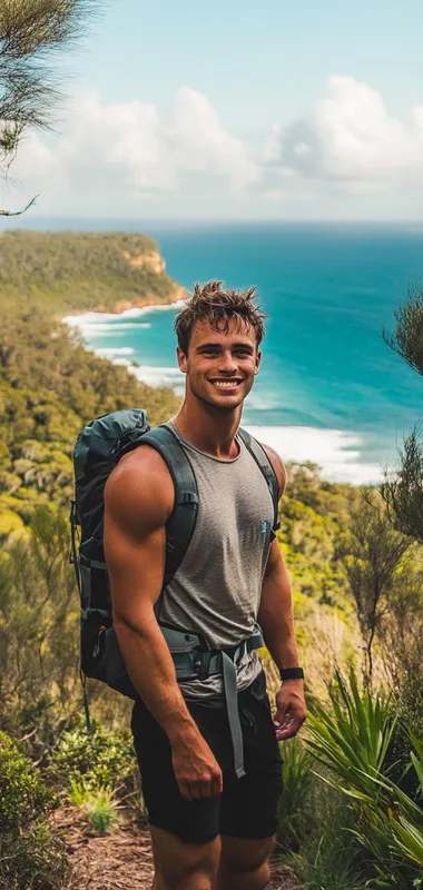 a photo of a young attractive man hiking in bushland in australia overlooking the ocean he is facing the camera smilling