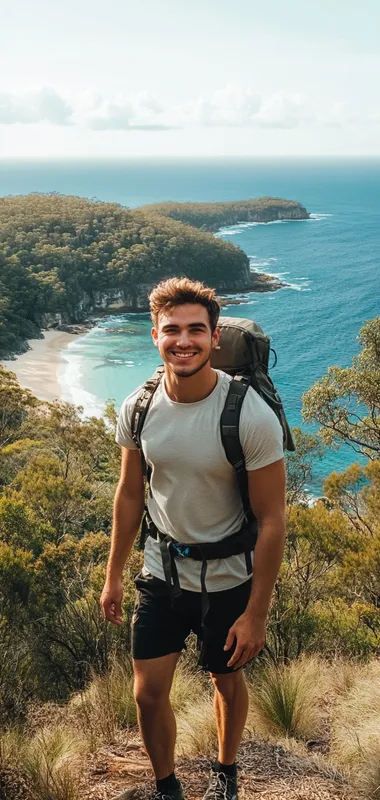 a photo of a young attractive man hiking in bushland in australia overlooking the ocean he is facing the camera smilling