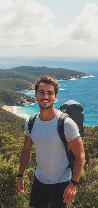 a photo of a young attractive man hiking in bushland in australia overlooking the ocean he is facing the camera smilling