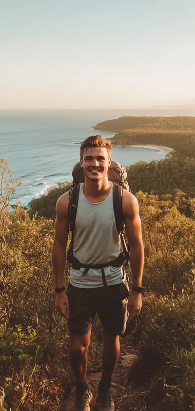 a photo of a young attractive man hiking in bushland in australia overlooking the ocean he is facing the camera smilling