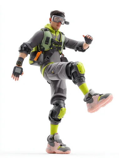 A 3D CG animated character of a urban parkour courier balanced on one foot against a blank white background, wearing impact-resistant compression gear with reinforced joints, smart shoes with adaptive grip soles, wrist-mounted navigation projector, and a lightweight chest harness for secure package transport