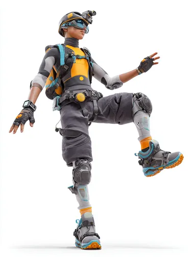 A 3D CG animated character of a urban parkour courier balanced on one foot against a blank white background, wearing impact-resistant compression gear with reinforced joints, smart shoes with adaptive grip soles, wrist-mounted navigation projector, and a lightweight chest harness for secure package transport