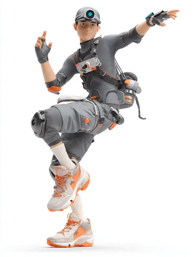 A 3D CG animated character of a urban parkour courier balanced on one foot against a blank white background, wearing impact-resistant compression gear with reinforced joints, smart shoes with adaptive grip soles, wrist-mounted navigation projector, and a lightweight chest harness for secure package transport
