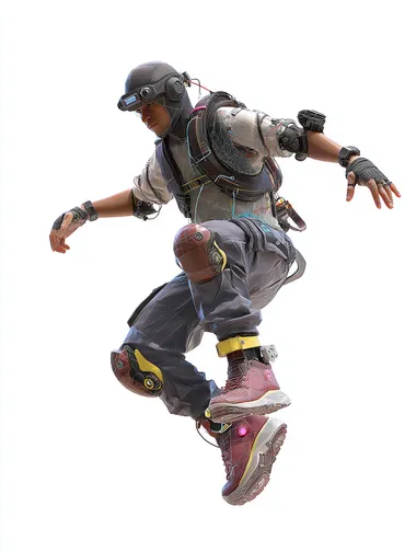 A 3D CG animated character of a urban parkour courier balanced on one foot against a blank white background, wearing impact-resistant compression gear with reinforced joints, smart shoes with adaptive grip soles, wrist-mounted navigation projector, and a lightweight chest harness for secure package transport