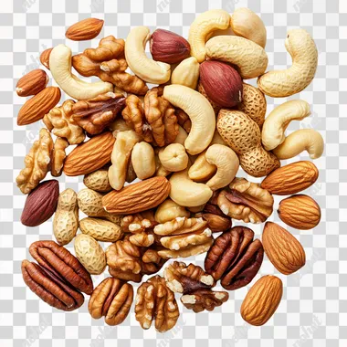 Realistic photo of half-handful pile on white background of Roasted and salty: cashews, pecans, almonds, macadamia nuts, hazelnuts, pistachios in their shells, peanuts