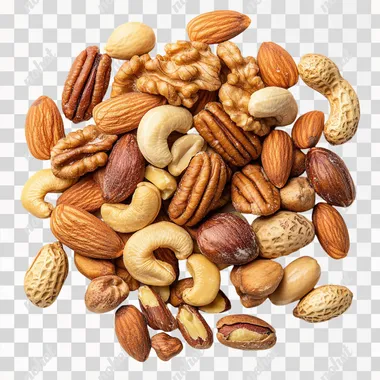 Realistic photo of half-handful pile on white background of Roasted and salty: cashews, pecans, almonds, macadamia nuts, hazelnuts, pistachios in their shells, peanuts