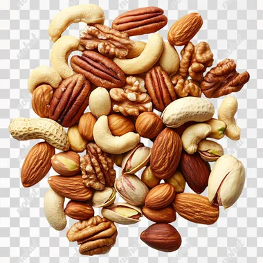 Realistic photo of half-handful pile on white background of Roasted and salty: cashews, pecans, almonds, macadamia nuts, hazelnuts, pistachios in their shells, peanuts
