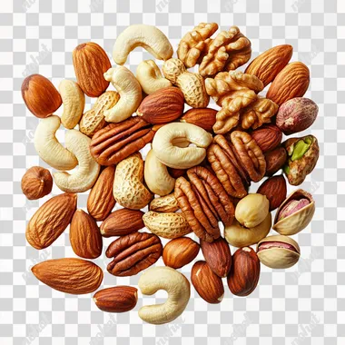 Realistic photo of half-handful pile on white background of Roasted and salty: cashews, pecans, almonds, macadamia nuts, hazelnuts, pistachios in their shells, peanuts