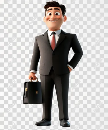 a smiling businessmen wearing a business suit , briefcase black shoes , front view, in pixar style, white background