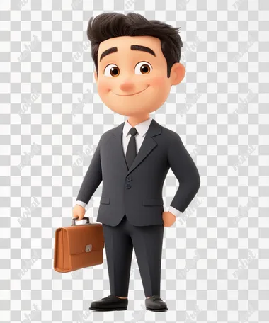 a smiling businessmen wearing a business suit , briefcase black shoes , front view, in pixar style, white background